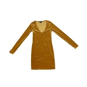 Women's Small Velvet Mustard Yellow Bodycon Dress Long Sleeve V-Neck Forever 21
